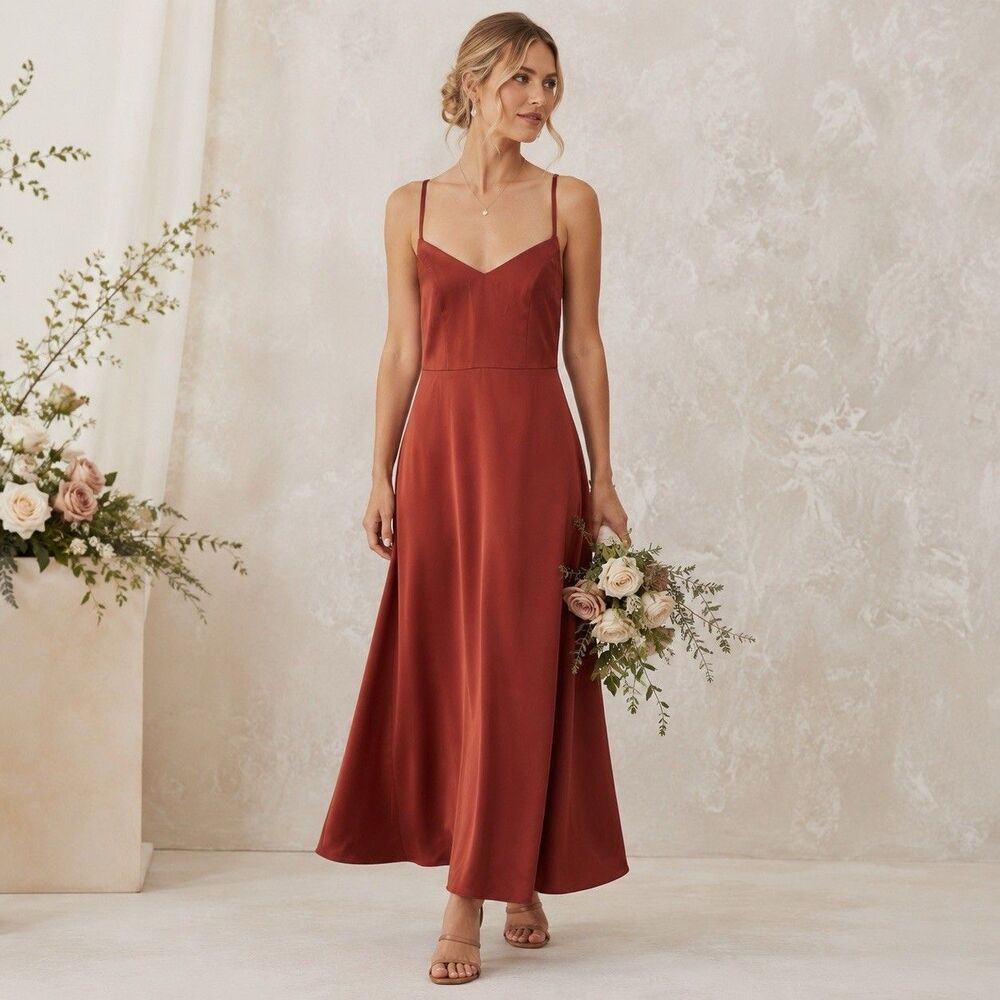 Azazie Terracotta Satin Bridesmaid Dress Custom Size Lace Up Bust 30” Waist 32”